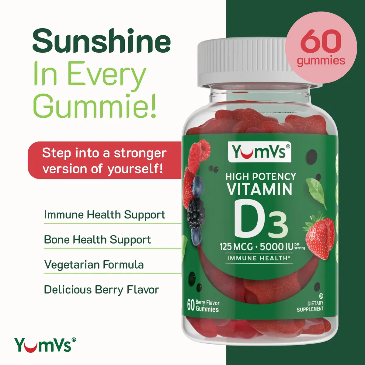 YUM-V'S Vitamin D3 Gummies 5000 IU 125mcg | Support Immune & Bone Health, Non-GMO, Gluten-Free (60 Count) - view 2