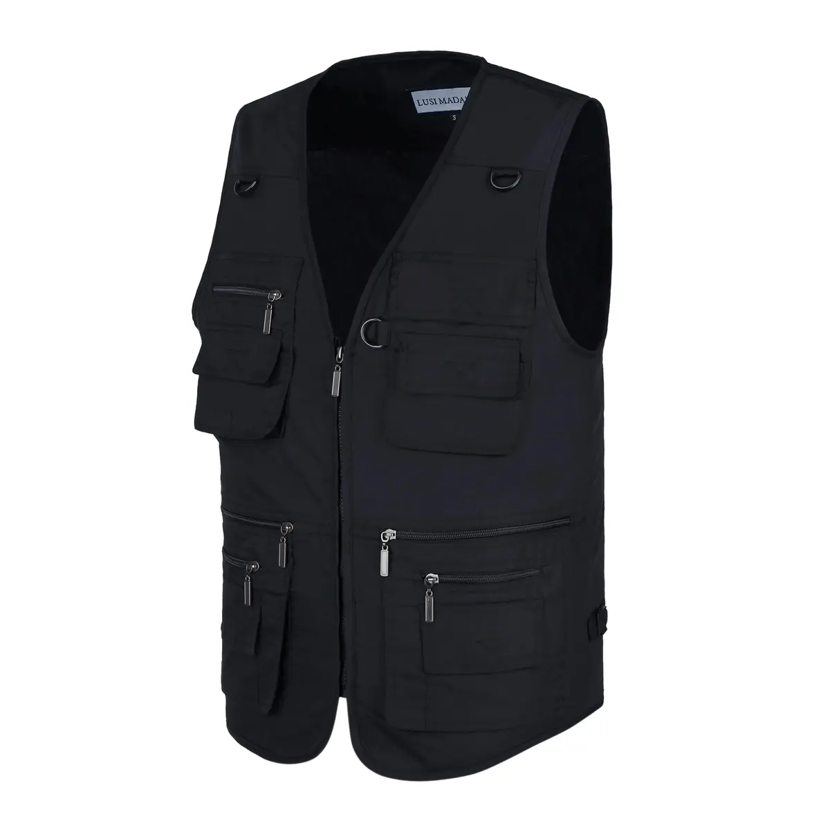 LUSI MADAM Men's Stone Washed Denim Multi-pocketed Fishing Work Outerwear Vest Large Pure Black | Durable & Practical - view 3