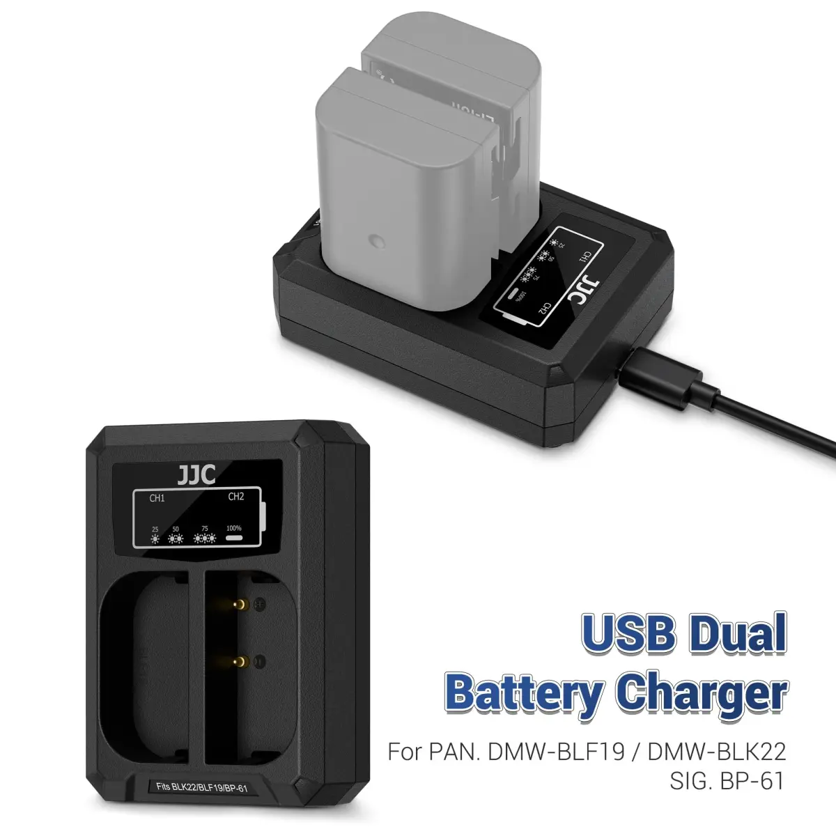 JJC Dual Battery Charger for Panasonic Lumix GH7 GH6 GH5 II GH5S GH5 GH4 GH3 S9 S5 IIX S5 II S5 G9 II G9 | USB Input, 2-Slot, 4-Hour Charge - view 2