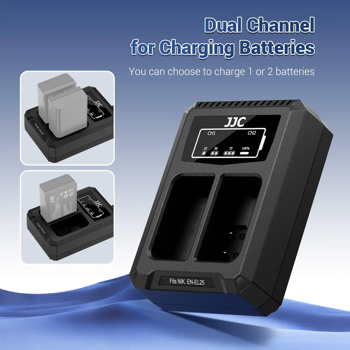 JJC Dual Battery Charger for Panasonic Lumix GH7 GH6 GH5 II GH5S GH5 GH4 GH3 S9 S5 IIX S5 II S5 G9 II G9 | USB Input, 2-Slot, 4-Hour Charge - view 3