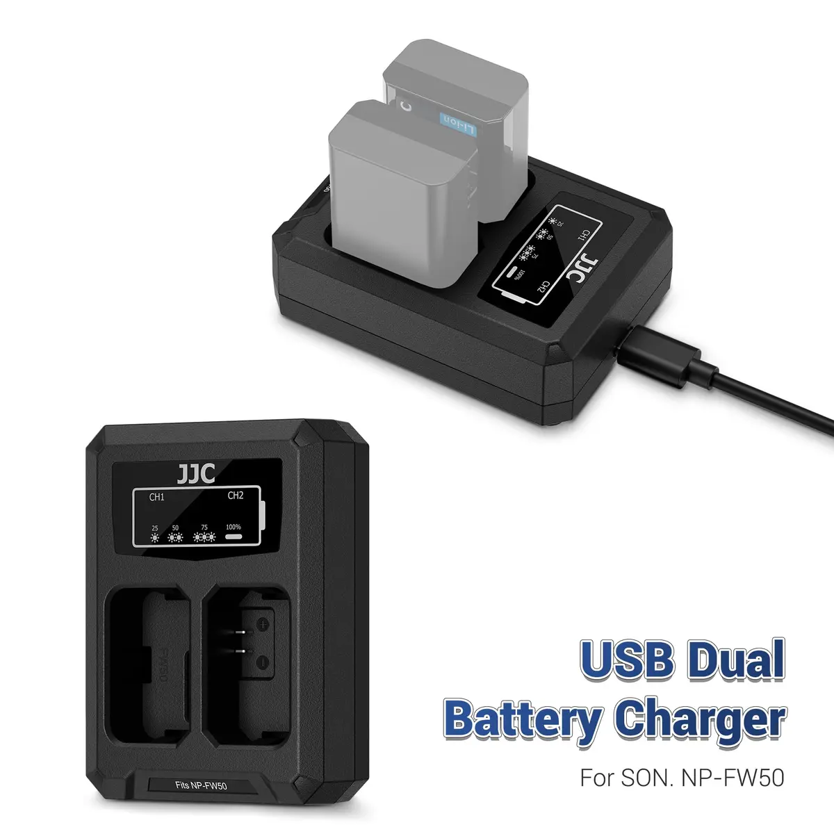 JJC NP-FW50 USB Battery Charger for Sony A6000 A6100 A6300 A6400 A7 A7II | Dual USB Charging, Overheat & Overcharge Protection - view 2