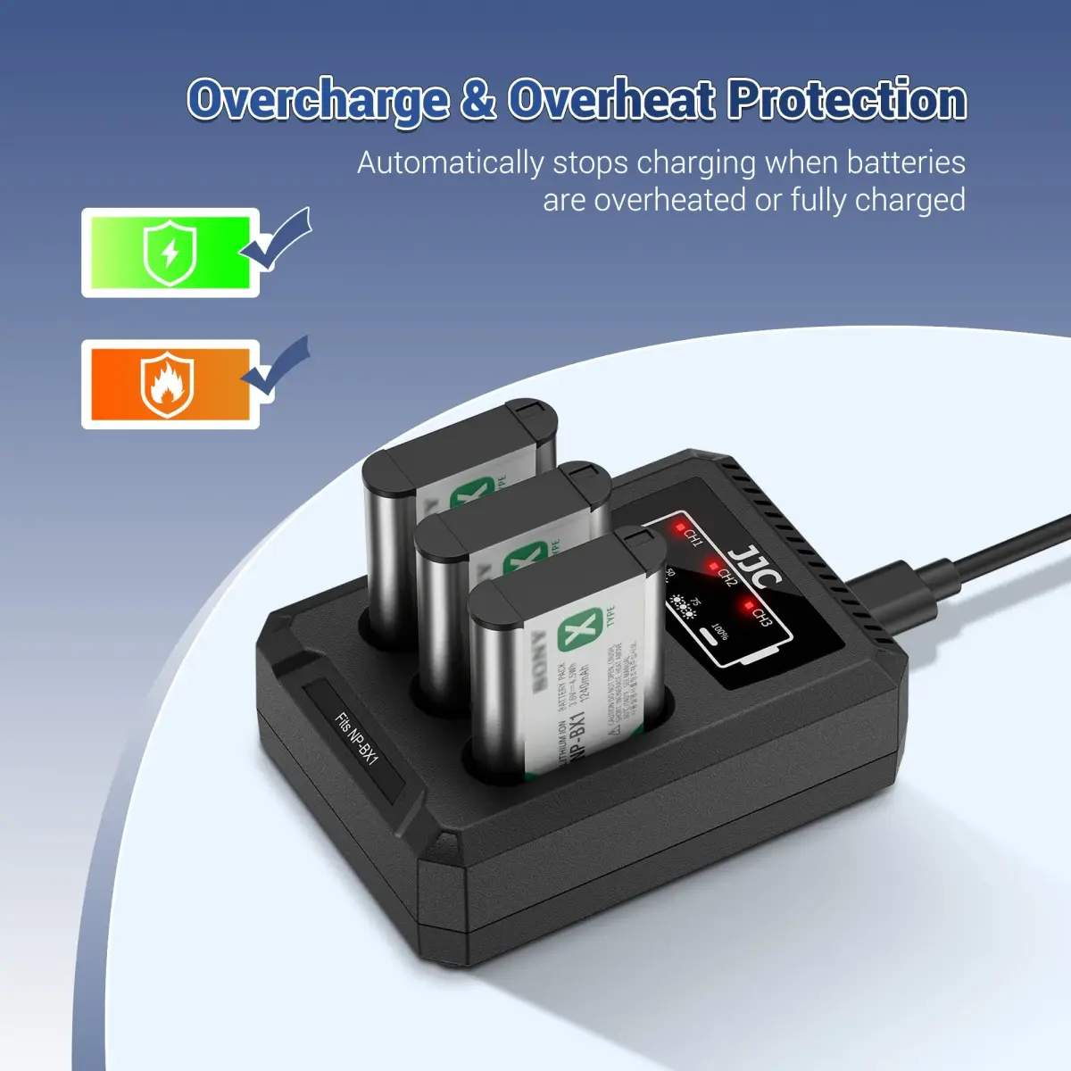 JJC Triple Slot USB Battery Charger for Sony NP-BX1 Batteries | Charges 3 Batteries Simultaneously - view 5