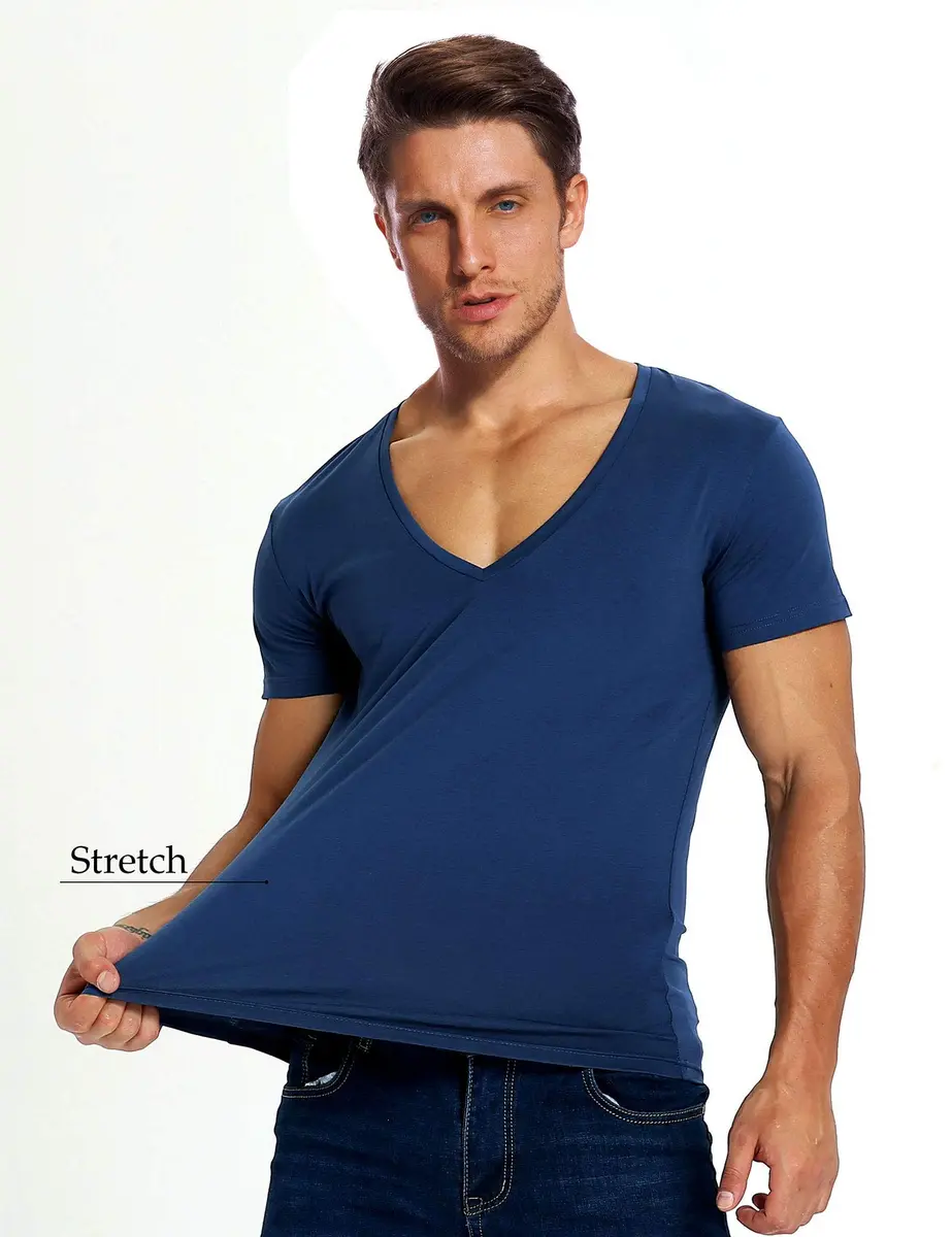 Zecmos Men's Royal Blue V Neck T-Shirt Slim Fit 100% Cotton | Muscle Fit Undershirt - view 3