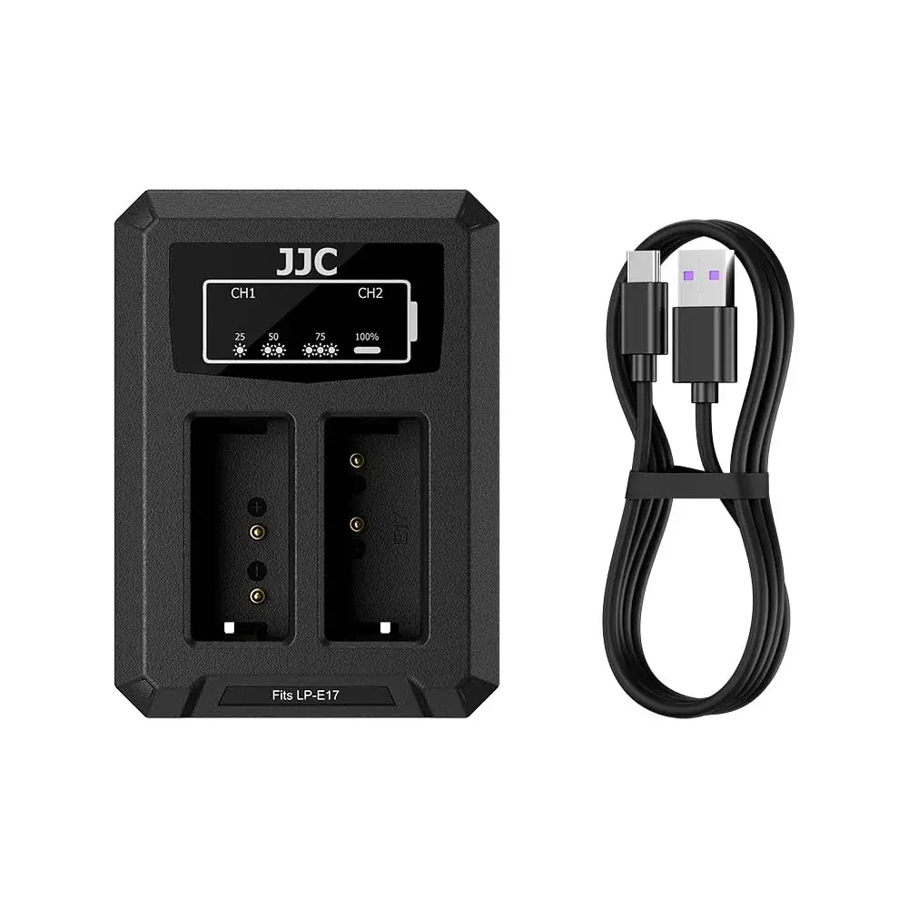 JJC LP-E17 Dual USB Battery Charger for Canon EOS R100 R50 R10 Rebel T8i T7i T6i | Charges 2 Batteries Simultaneously - main product image