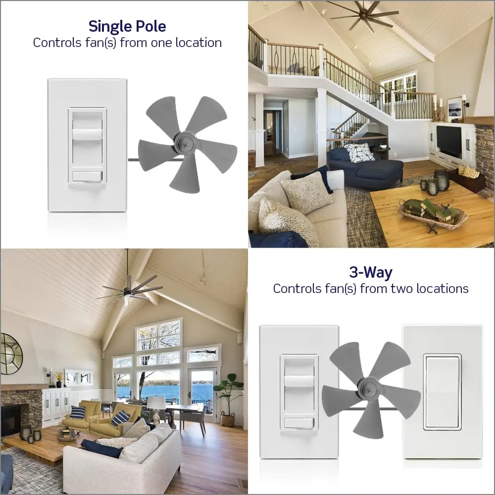 Leviton SureSlide Ceiling Fan Wall Switch, Quiet 3-Speed Fan Control, 1.5 Amps, 661F-10T, Light Almond | Low Noise, Precise Speed Control - view 7