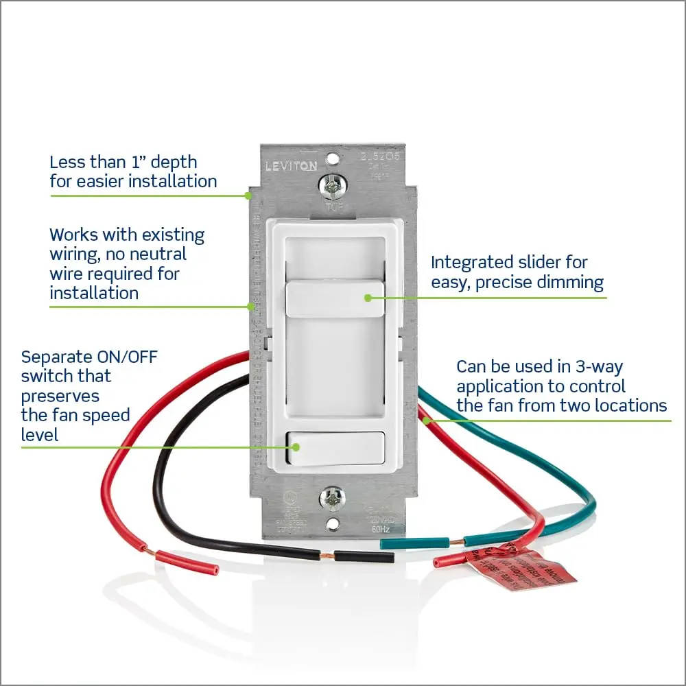 Leviton SureSlide Ceiling Fan Wall Switch, Quiet 3-Speed Fan Control, 1.5 Amps, 661F-10T, Light Almond | Low Noise, Precise Speed Control - view 2