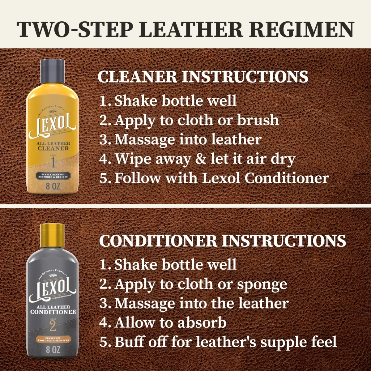 Lexol Leather Cleaner and Conditioner Kit for Furniture, Car Interiors, Shoes & Handbags | 2 x 8 oz Bottles - view 3