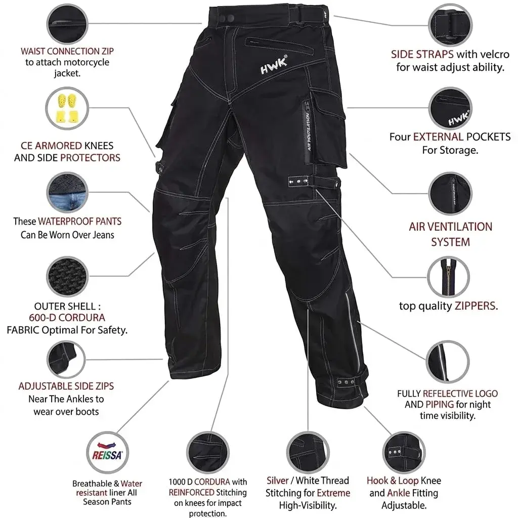 HWK Motorsports Apparel Water Resistant Motorcycle Pants | 91cm (30" Inseam) Waist 96cm (38" Waist) - view 4