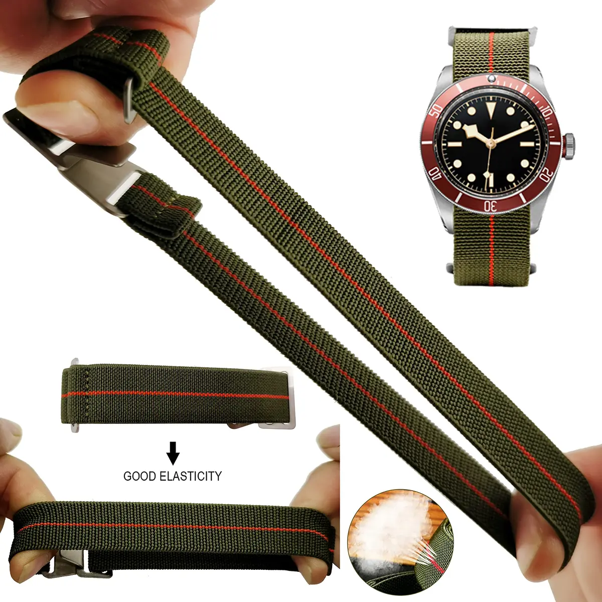 NIBD Watch Band Green with Red | Military Elastic Nylon Strap 22mm - view 2