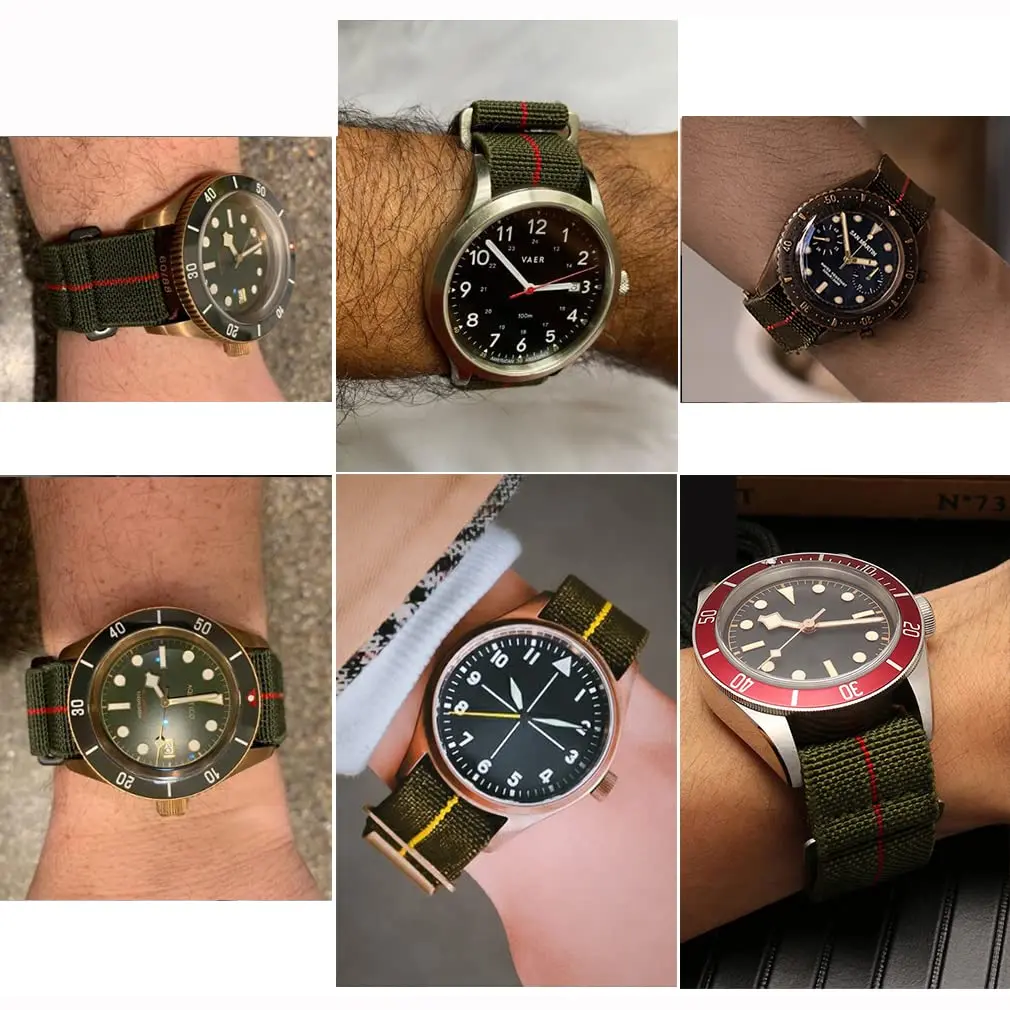 NIBD Watch Band Green with Red | Military Elastic Nylon Strap 22mm - view 3