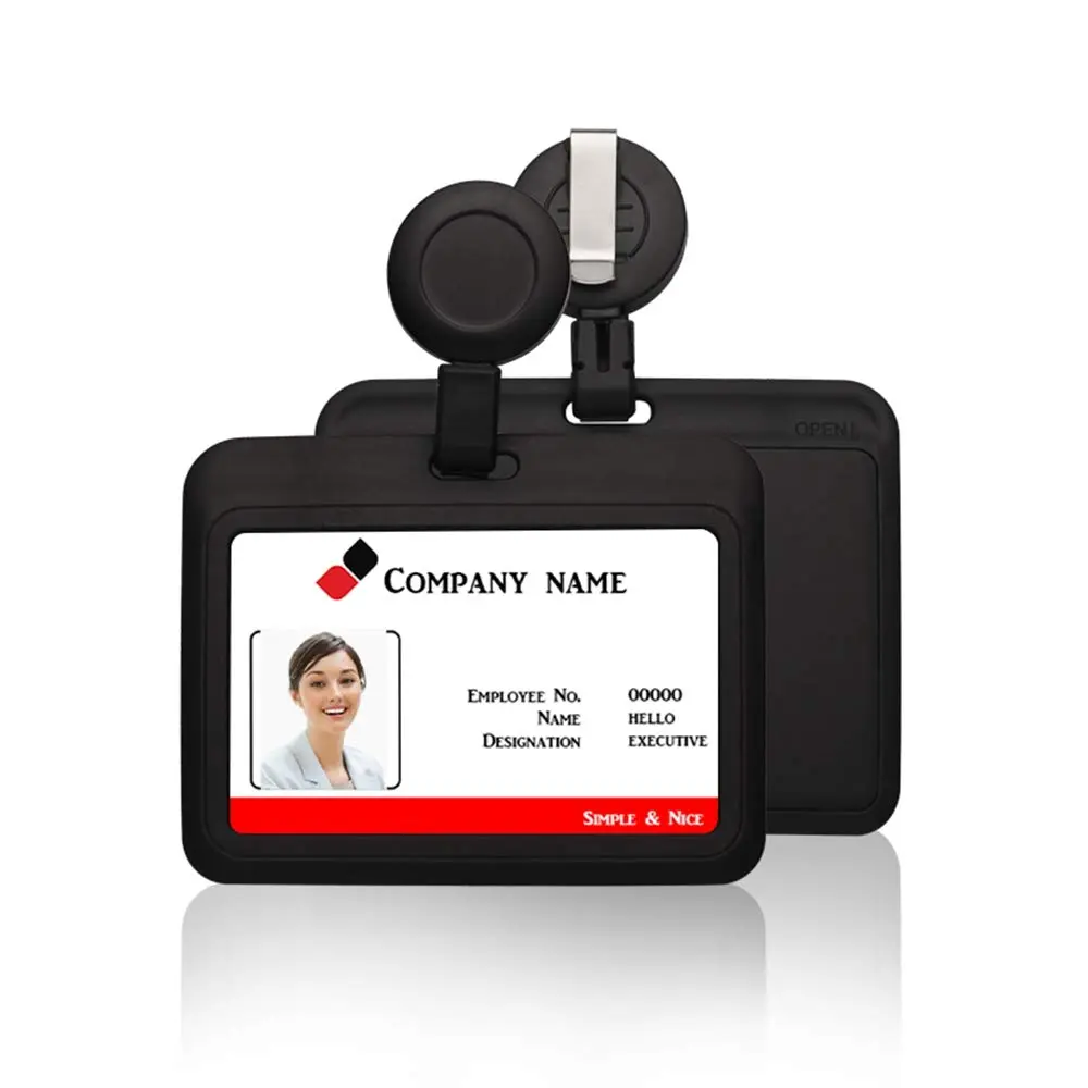 HiCycle2 Badge Holder Case Horizontal with Reel Clip 102 x 80MM | Heavy Duty Plastic for Business & Office (Black) - main product image