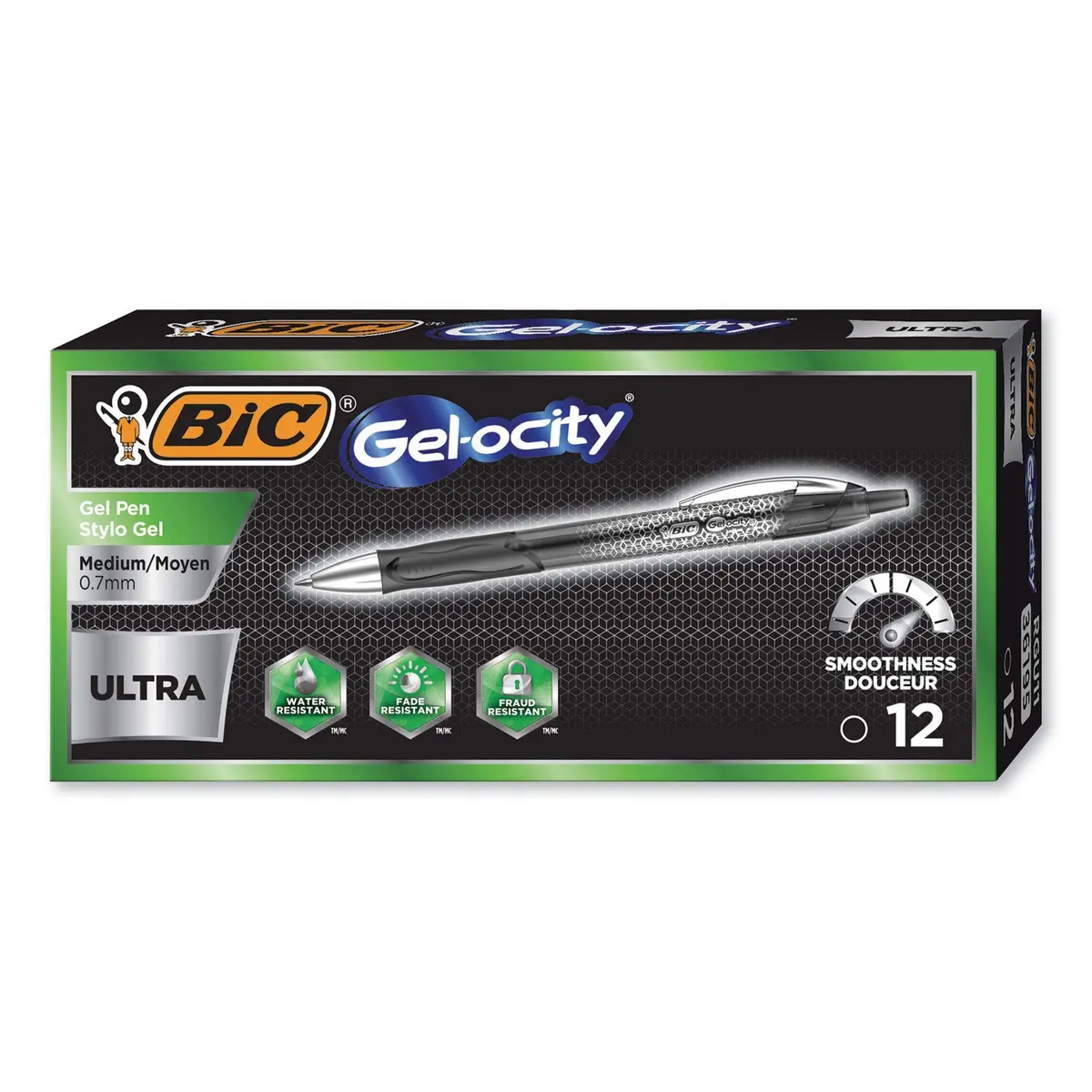 BIC Gel-ocity Ultra Gel Pen 0.7mm | Water & Fade Resistant Medium Point (12 Pack) - main product image