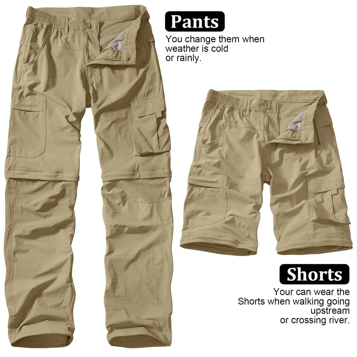 linlon Men's Quick Dry Convertible Hiking Cargo Pants with Belt, Khaki, 32 (81.3 cm) | UPF 50+ Sun Protection - view 5