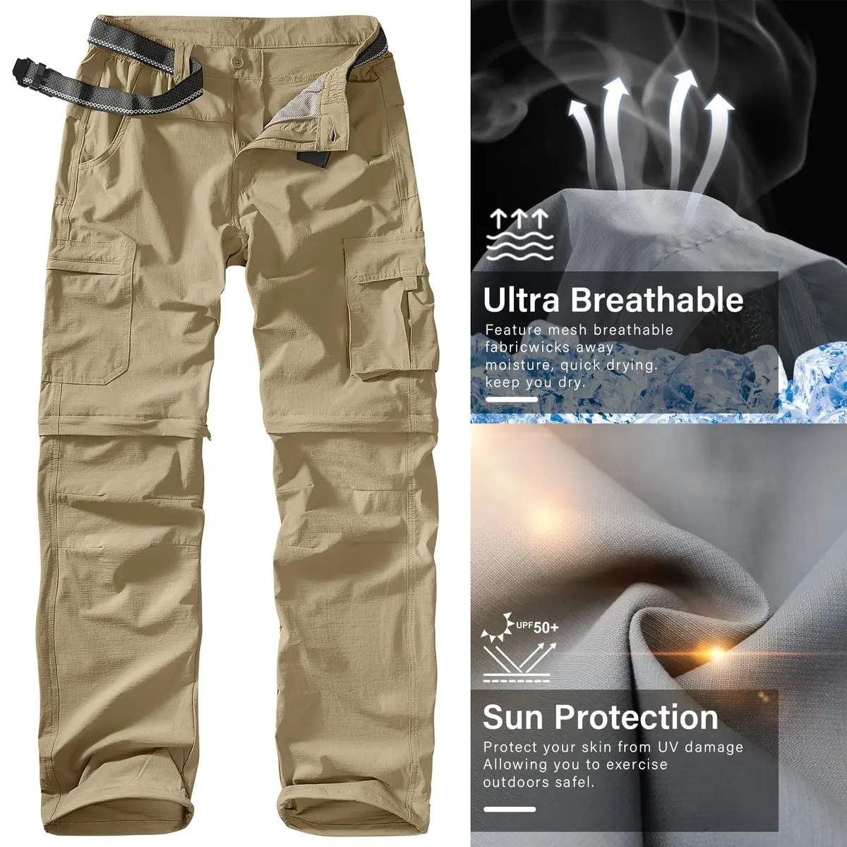 linlon Men's Quick Dry Convertible Hiking Cargo Pants with Belt, Khaki, 32 (81.3 cm) | UPF 50+ Sun Protection - view 6