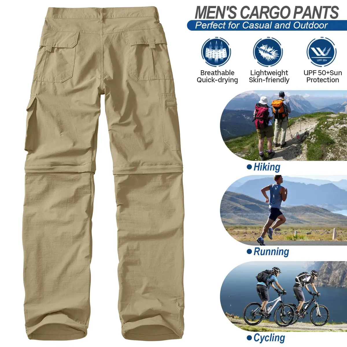 linlon Men's Quick Dry Convertible Hiking Cargo Pants with Belt, Khaki, 32 (81.3 cm) | UPF 50+ Sun Protection - view 7
