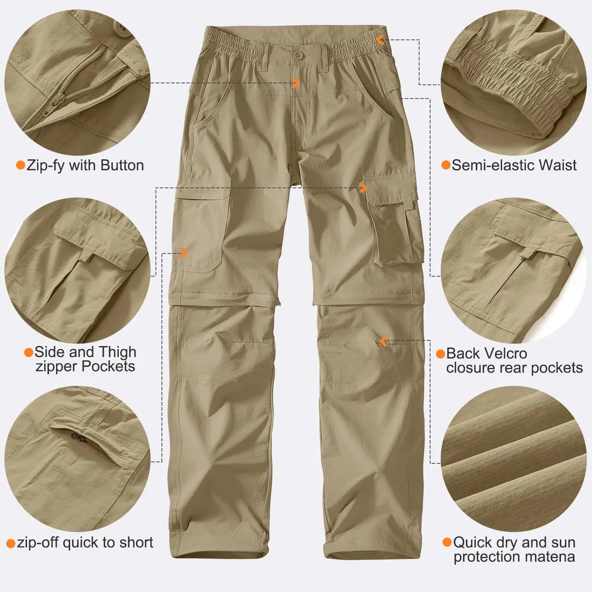 linlon Men's Quick Dry Convertible Hiking Cargo Pants with Belt, Khaki, 32 (81.3 cm) | UPF 50+ Sun Protection - view 4