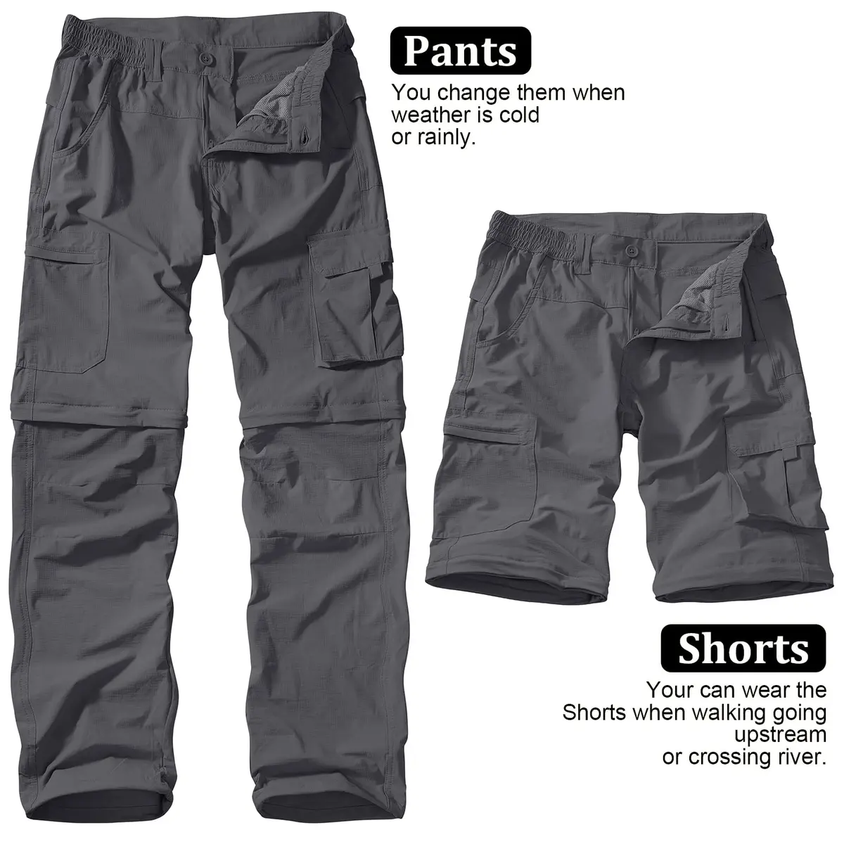 linlon Men's Quick Dry Convertible Hiking Pants with UPF 50+ Sun Protection, Grey, 30 (76 cm) | Lightweight & Breathable Cargo Trousers - view 5