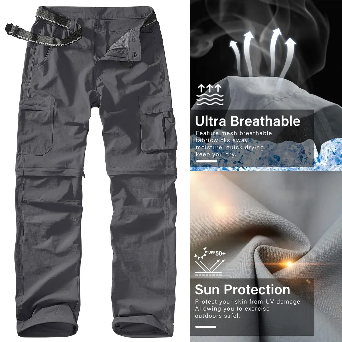 linlon Men's Quick Dry Convertible Hiking Pants with UPF 50+ Sun Protection, Grey, 30 (76 cm) | Lightweight & Breathable Cargo Trousers - view 6
