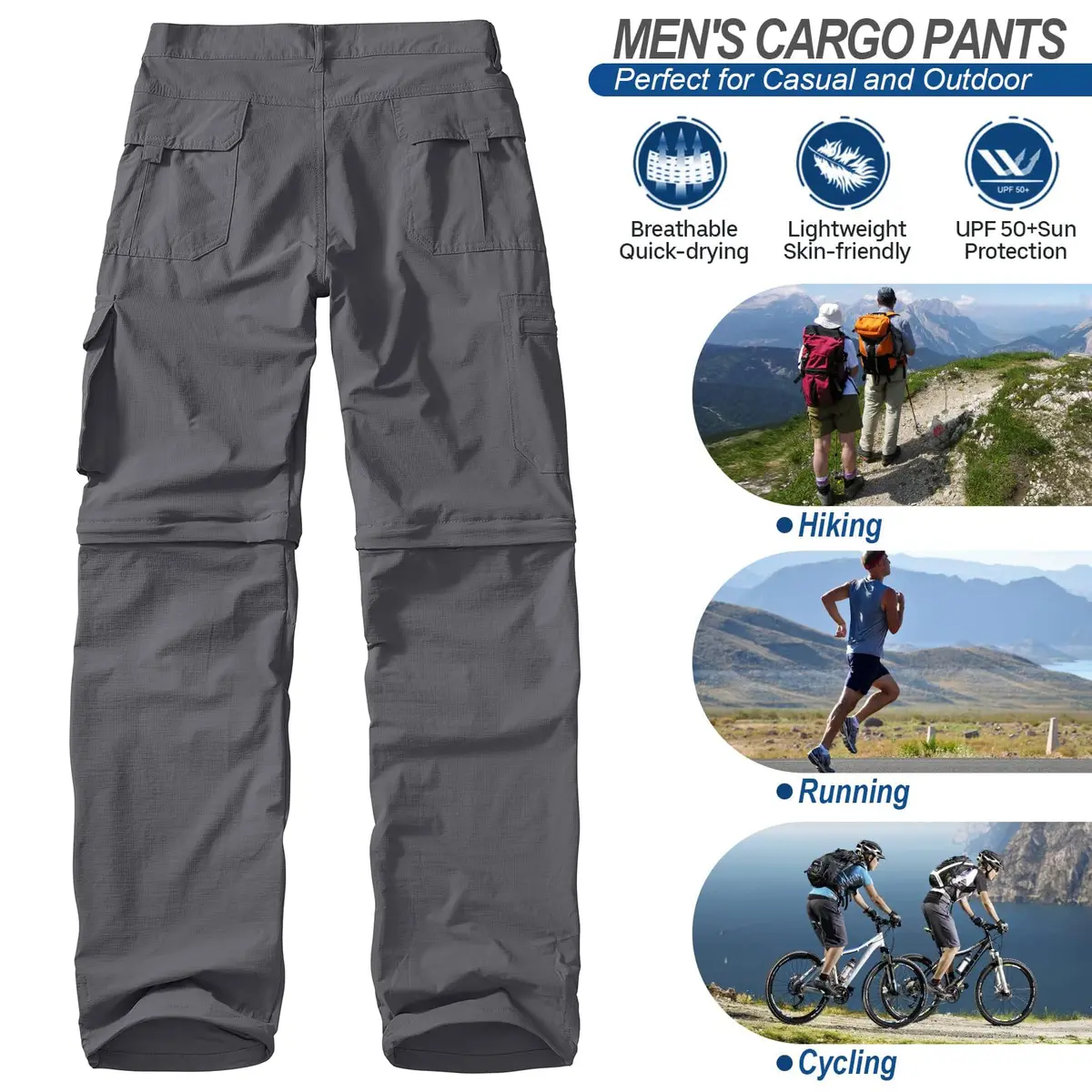 linlon Men's Quick Dry Convertible Hiking Pants with UPF 50+ Sun Protection, Grey, 30 (76 cm) | Lightweight & Breathable Cargo Trousers - view 7