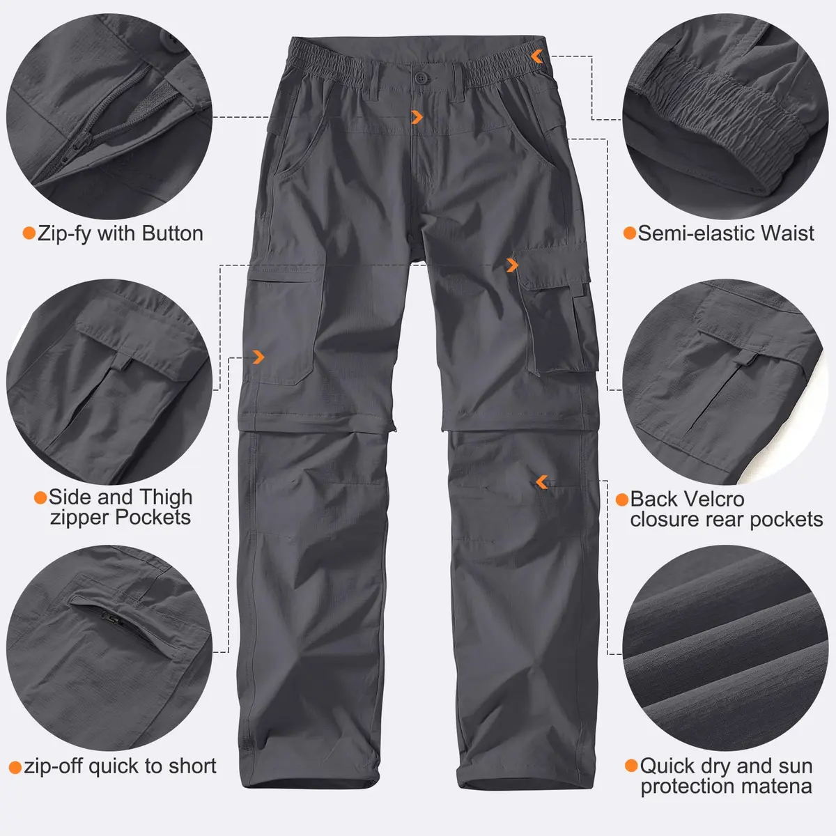 linlon Men's Quick Dry Convertible Hiking Pants with UPF 50+ Sun Protection, Grey, 30 (76 cm) | Lightweight & Breathable Cargo Trousers - view 4