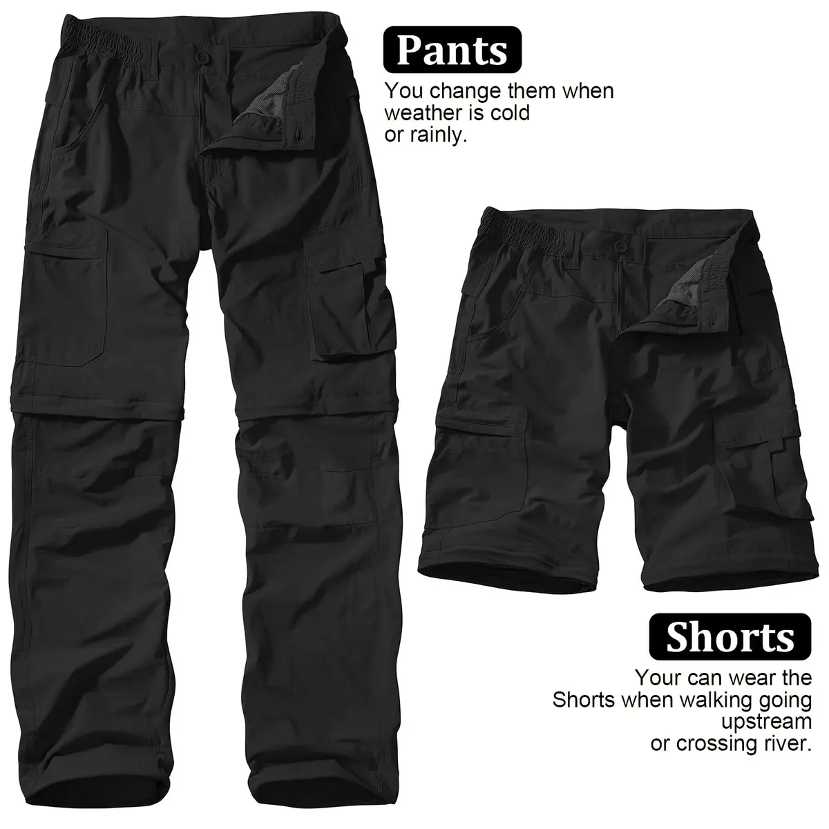 linlon Men's Convertible Hiking Pants Black 42 (106.7cm) | Quick Dry Lightweight Cargo Trousers - view 5
