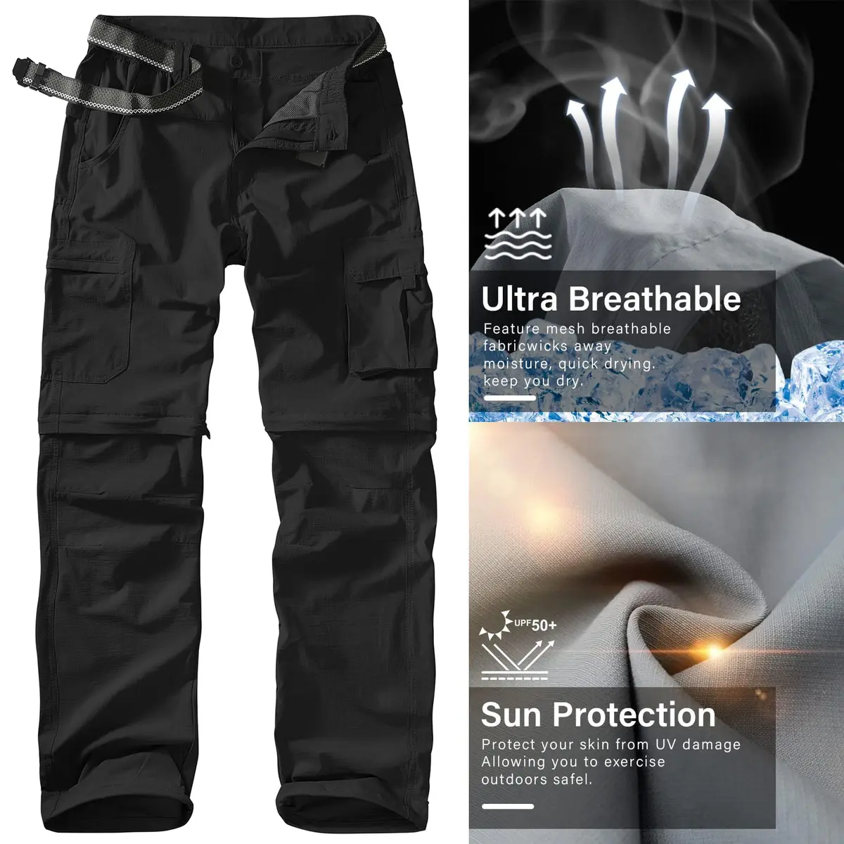 linlon Men's Convertible Hiking Pants Black 42 (106.7cm) | Quick Dry Lightweight Cargo Trousers - view 6