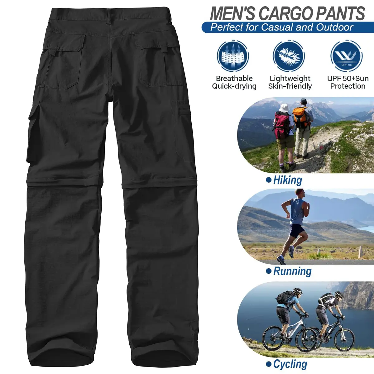 linlon Men's Convertible Hiking Pants Black 42 (106.7cm) | Quick Dry Lightweight Cargo Trousers - view 7