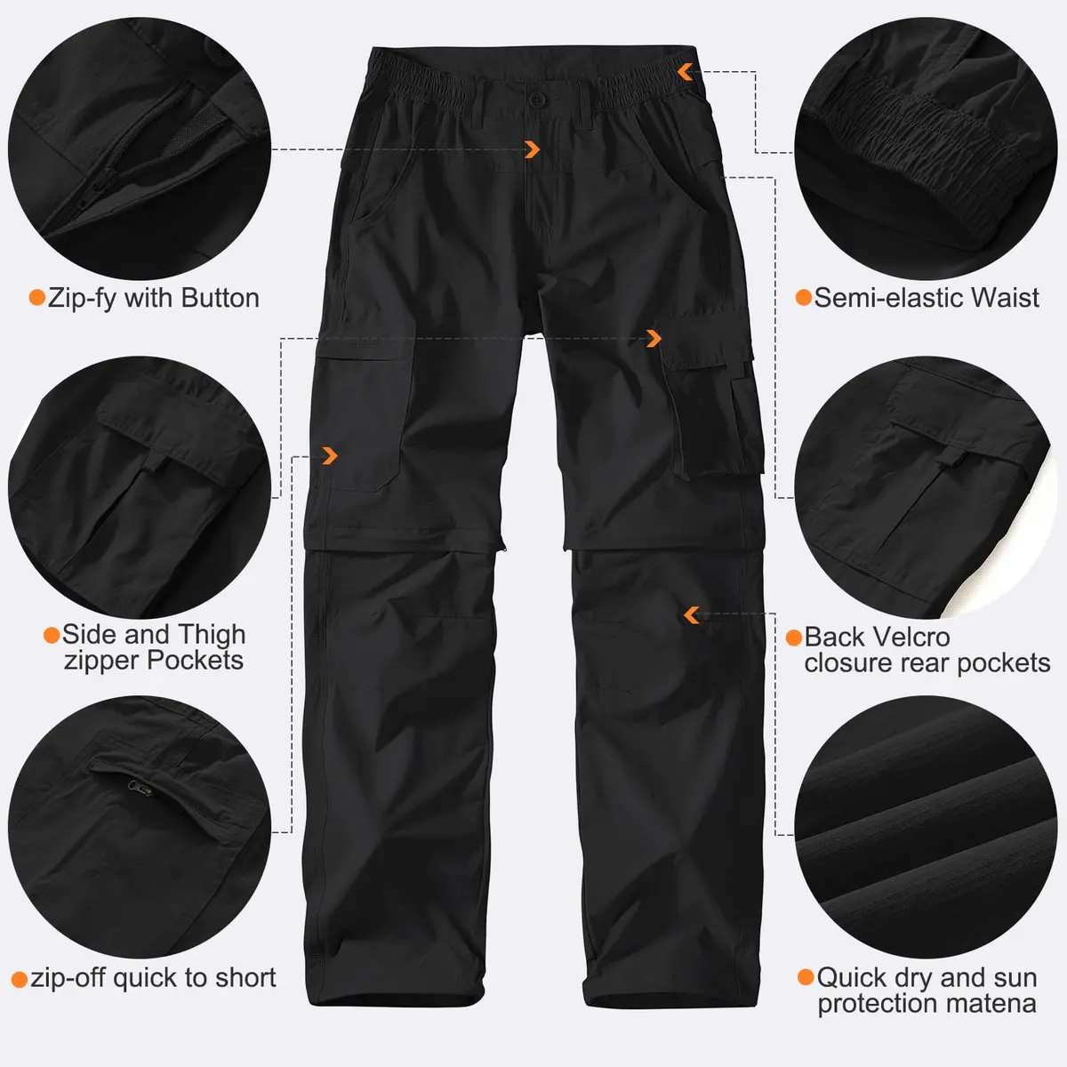 linlon Men's Convertible Hiking Pants Black 42 (106.7cm) | Quick Dry Lightweight Cargo Trousers - view 4