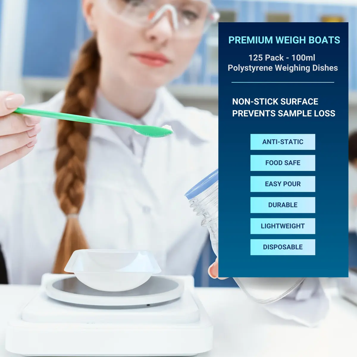 Pure Ponta 100mL Weigh Boats (125 Pack) | Antistatic Polystyrene Lab Trays for Powder Measuring - view 2