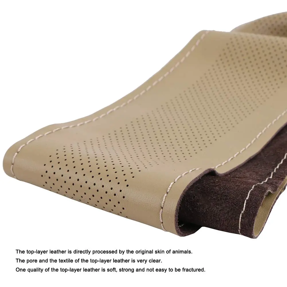 O SHI CAR Elegant Beige Genuine Leather Car Steering Wheel Cover 15 Inch | Anti-slip & Durable - view 4
