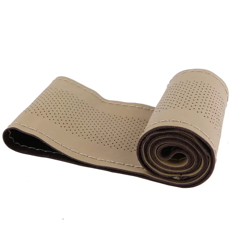 O SHI CAR Elegant Beige Genuine Leather Car Steering Wheel Cover 15 Inch | Anti-slip & Durable - main product image
