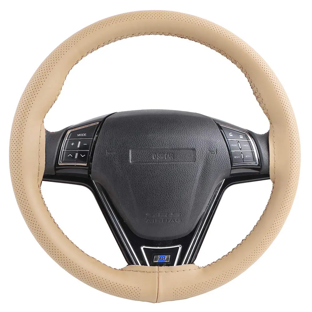 O SHI CAR Elegant Beige Genuine Leather Car Steering Wheel Cover 15 Inch | Anti-slip & Durable - view 2