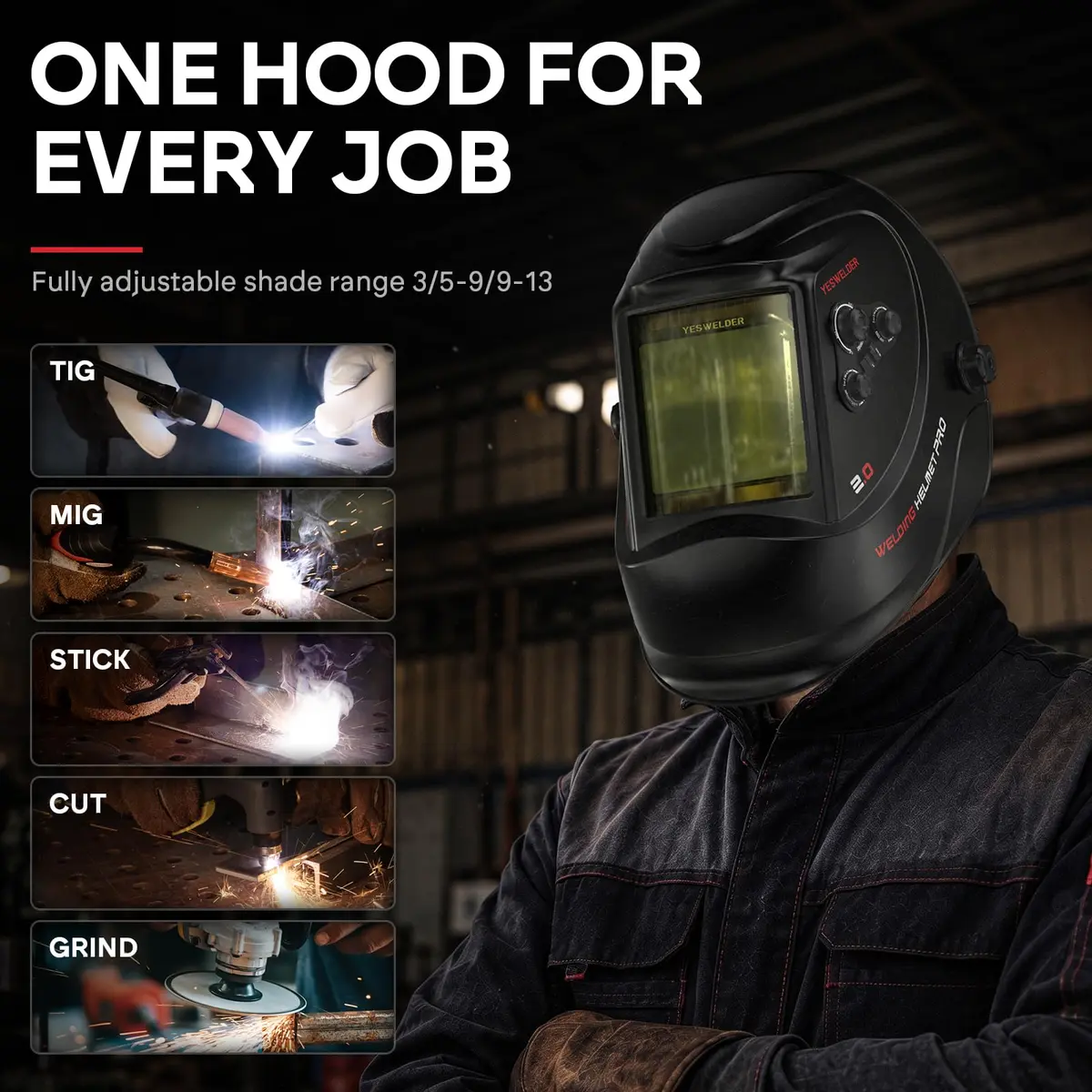 YESWELDER Auto Darkening Welding Helmet, Large View, LYG-M800H | True Color, 4 Sensors, 3.93"X3.66" View - view 5