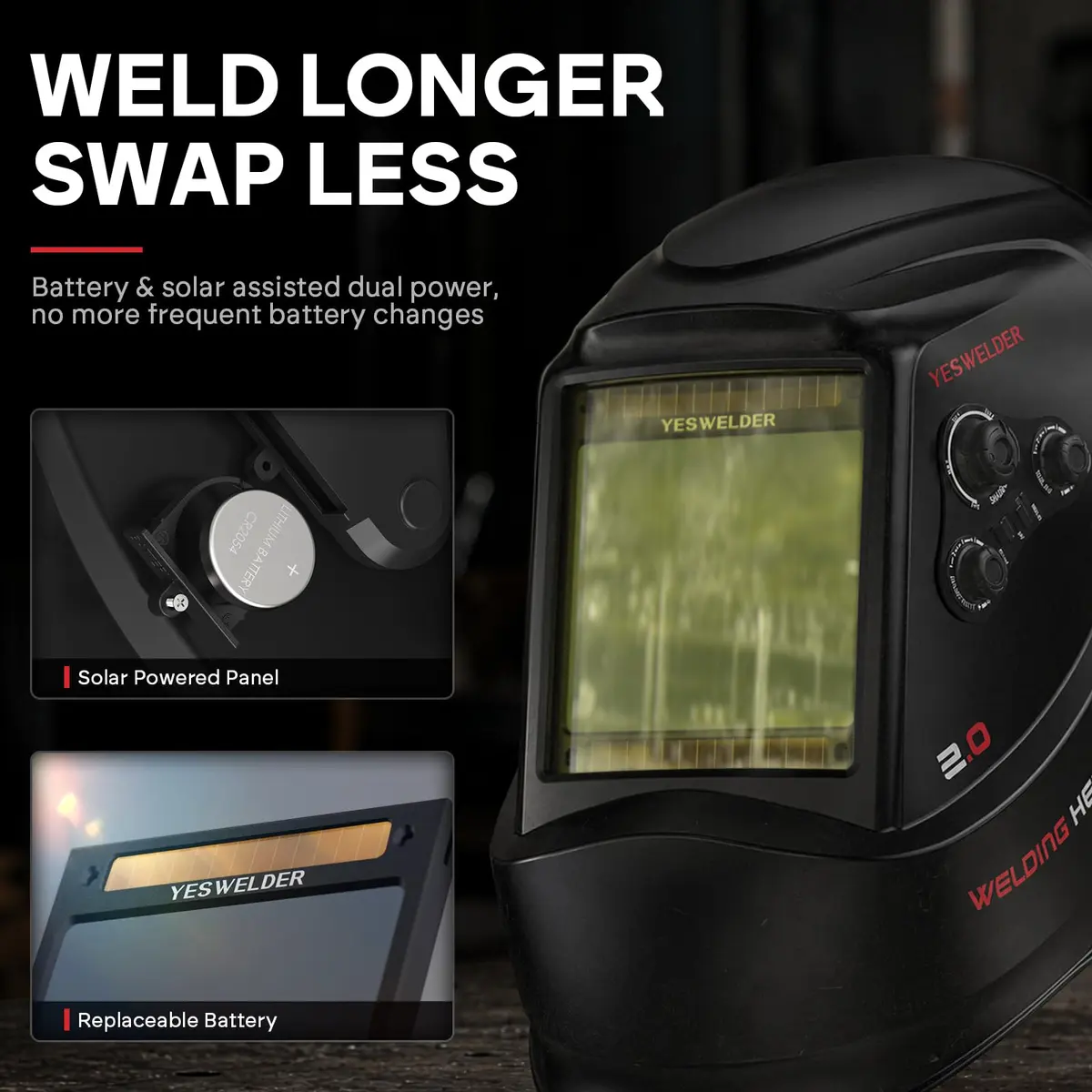 YESWELDER Auto Darkening Welding Helmet, Large View, LYG-M800H | True Color, 4 Sensors, 3.93"X3.66" View - view 6