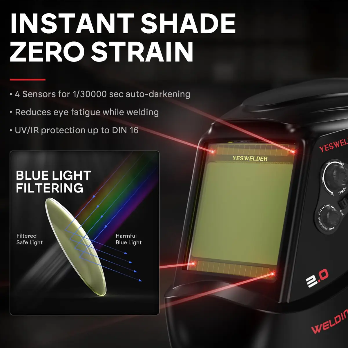 YESWELDER Auto Darkening Welding Helmet, Large View, LYG-M800H | True Color, 4 Sensors, 3.93"X3.66" View - view 4