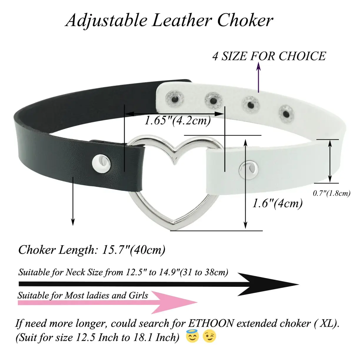 ETHOON Dual Color Love Heart PU Leather Choker Necklace 15.7cm (0.67in) | Adjustable Punk Collar Chain - view 2