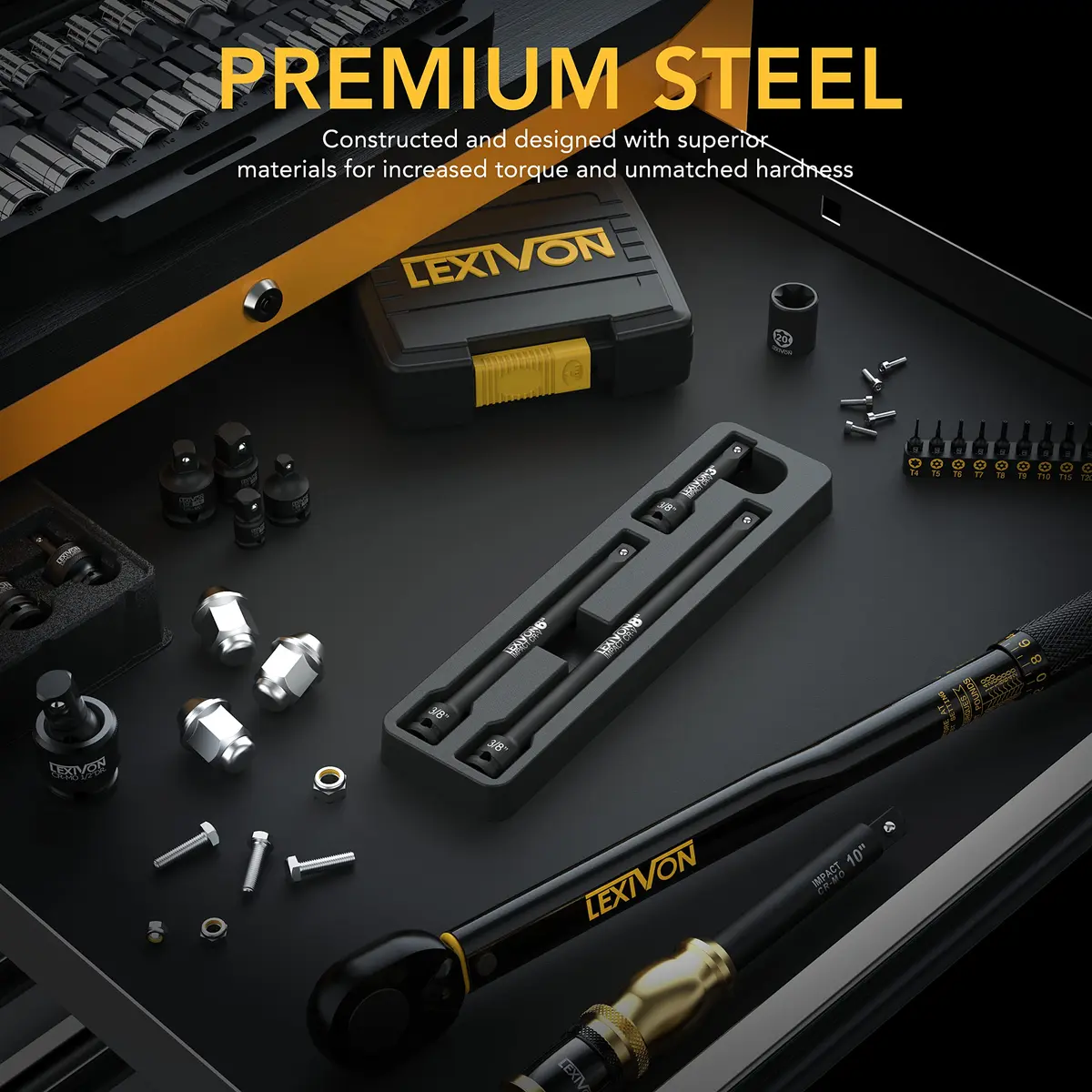 LEXIVON 3/8" Drive Impact Driver Extension Bar Set 3" 6" 8" | Chrome Vanadium Steel Tool Set - view 3