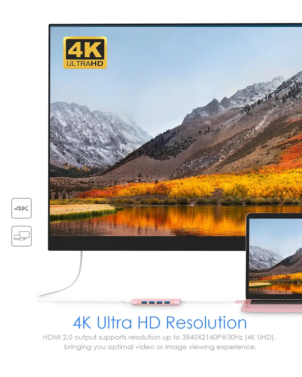 LENTION USB-C Multi-Port Hub with 4K HDMI, 100W PD & 4 USB 3.0 Ports | Compatible with MacBook & Surface (Rose Gold) - view 5
