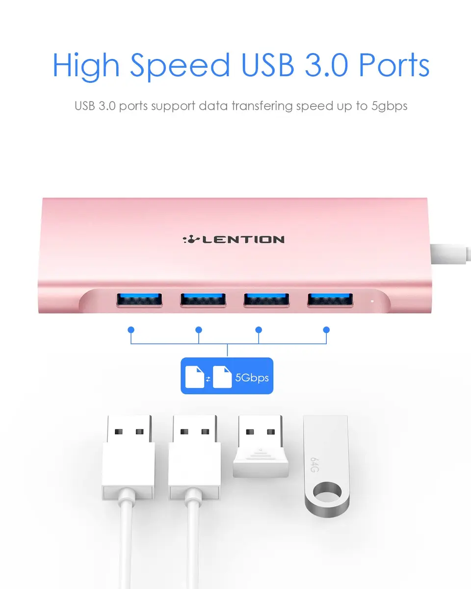 LENTION USB-C Multi-Port Hub with 4K HDMI, 100W PD & 4 USB 3.0 Ports | Compatible with MacBook & Surface (Rose Gold) - view 6