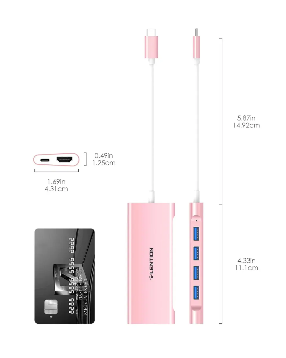 LENTION USB-C Multi-Port Hub with 4K HDMI, 100W PD & 4 USB 3.0 Ports | Compatible with MacBook & Surface (Rose Gold) - view 7