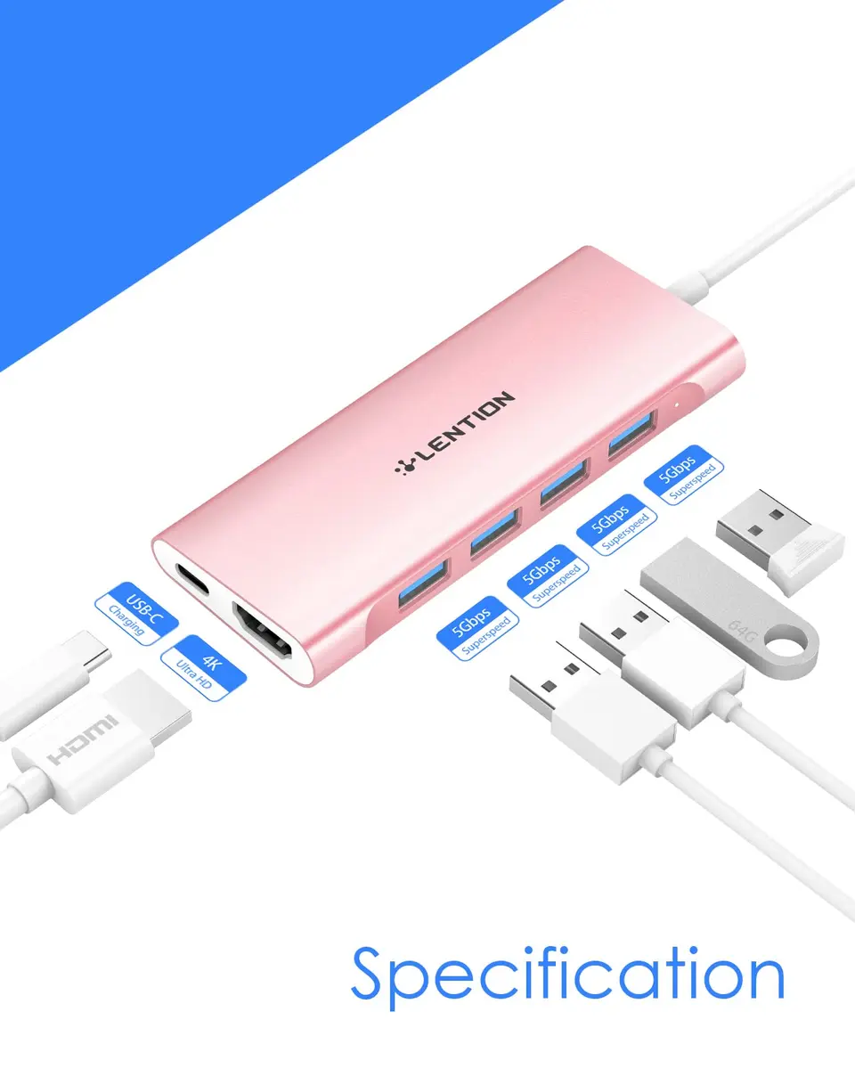LENTION USB-C Multi-Port Hub with 4K HDMI, 100W PD & 4 USB 3.0 Ports | Compatible with MacBook & Surface (Rose Gold) - view 2