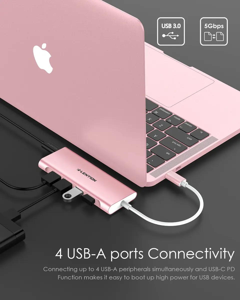 LENTION USB-C Multi-Port Hub with 4K HDMI, 100W PD & 4 USB 3.0 Ports | Compatible with MacBook & Surface (Rose Gold) - view 3