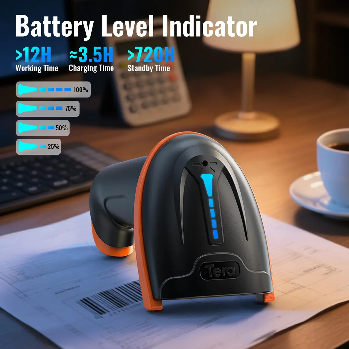 Tera Barcode Scanner with Battery Indicator: 2D Wireless, D5100 Orange | Long Battery Life & IP54 Dust Protection - view 2