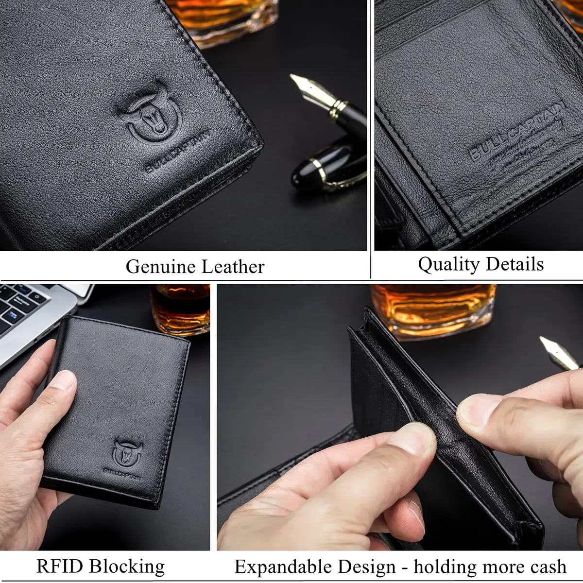 BULLCAPTAIN Genuine Leather RFID Blocking Bifold Wallet for Men QB-027 Black | Large Capacity 15 Card Slots - view 6
