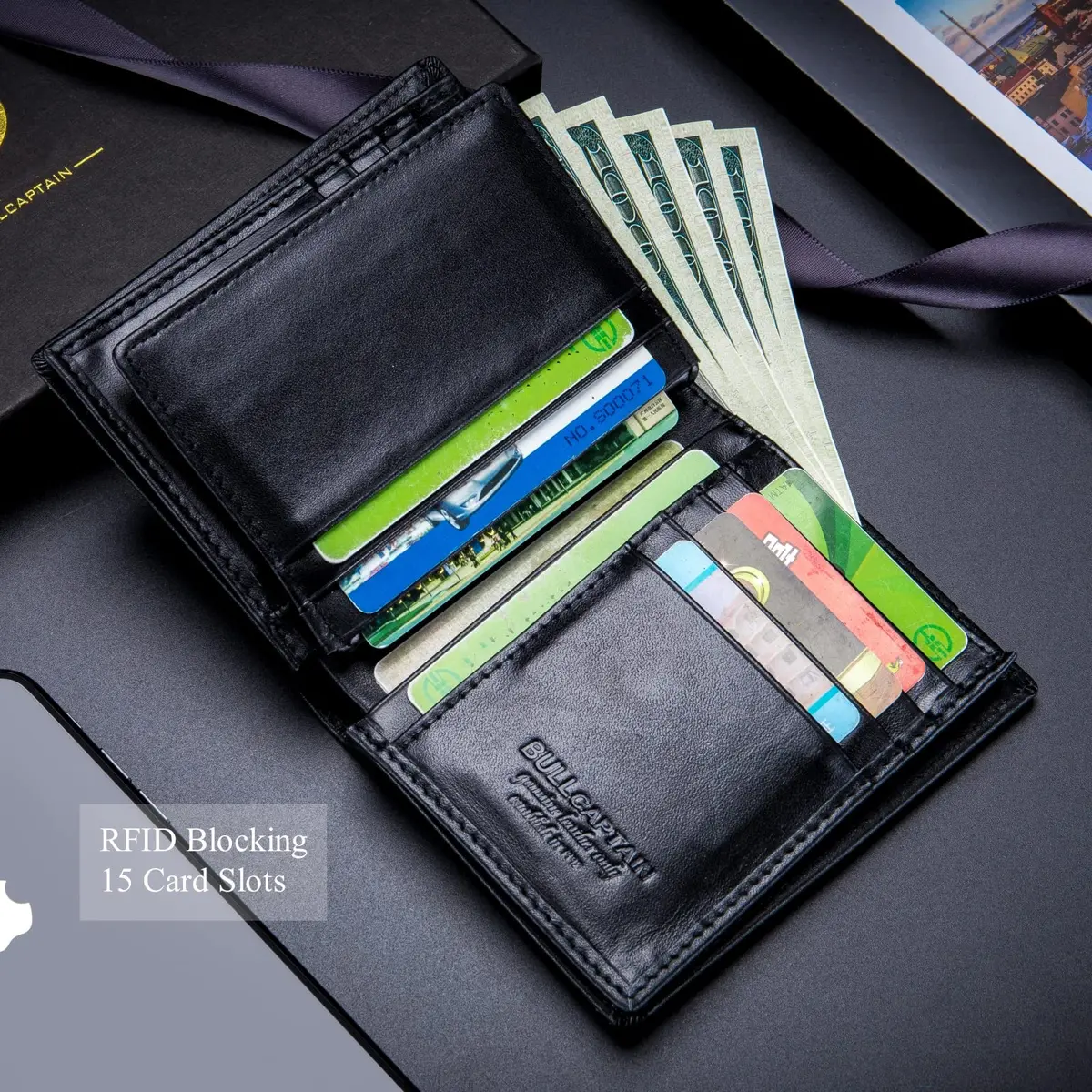BULLCAPTAIN Genuine Leather RFID Blocking Bifold Wallet for Men QB-027 Black | Large Capacity 15 Card Slots - view 4