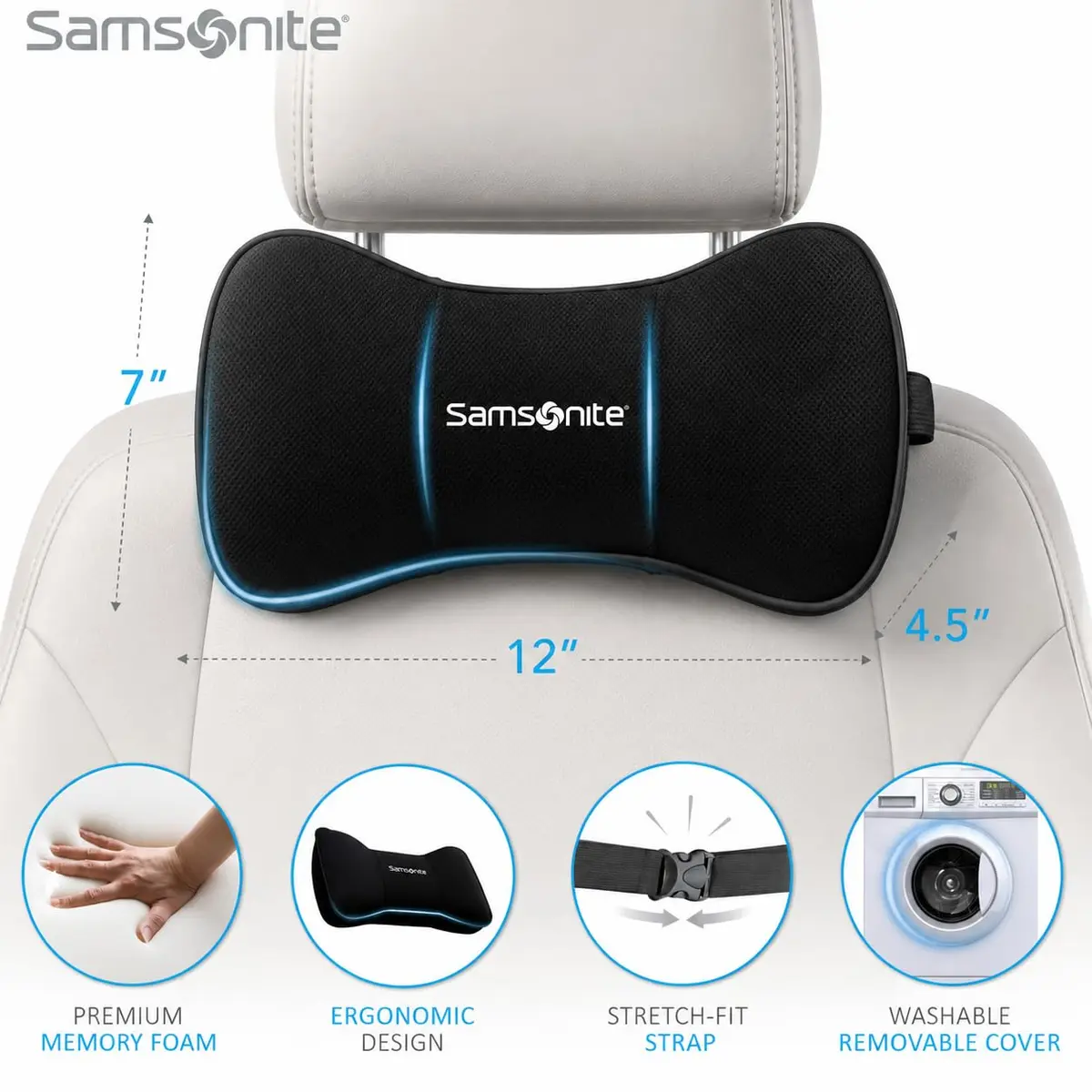 Samsonite Car Neck Pillow – Memory Foam Headrest Cushion, Ergonomic Support for Long Trips & Daily Drives, Black - view 3