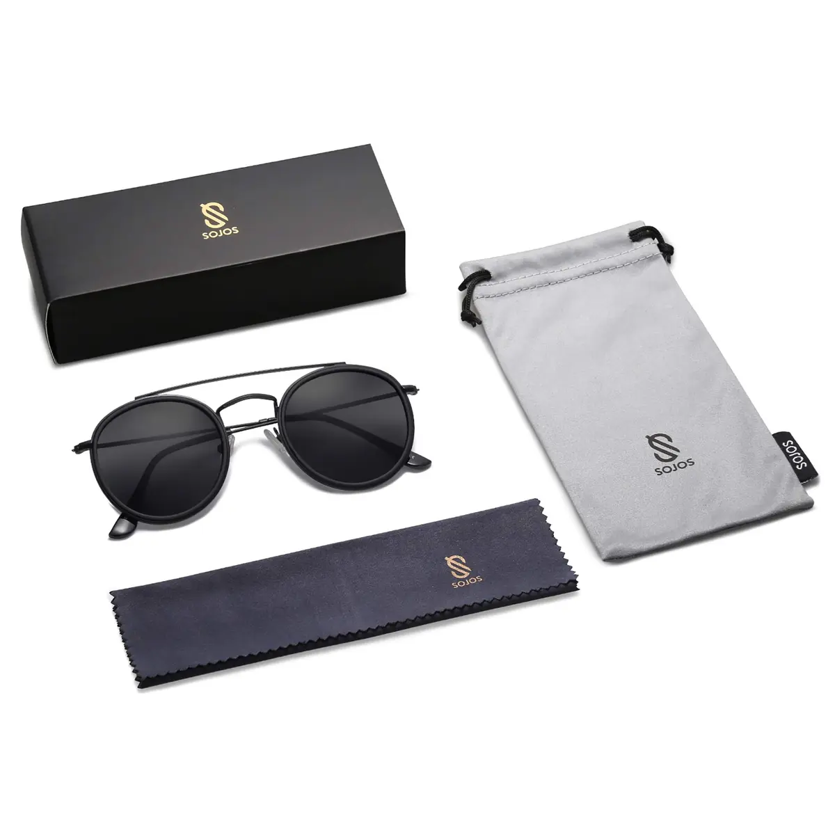 SOJOS Retro Vintage Round Polarized Sunglasses for Women Men Small Double Bridge Circle Sunnies SJ1104, Dark Black/Grey | UV400 Polarized - view 5