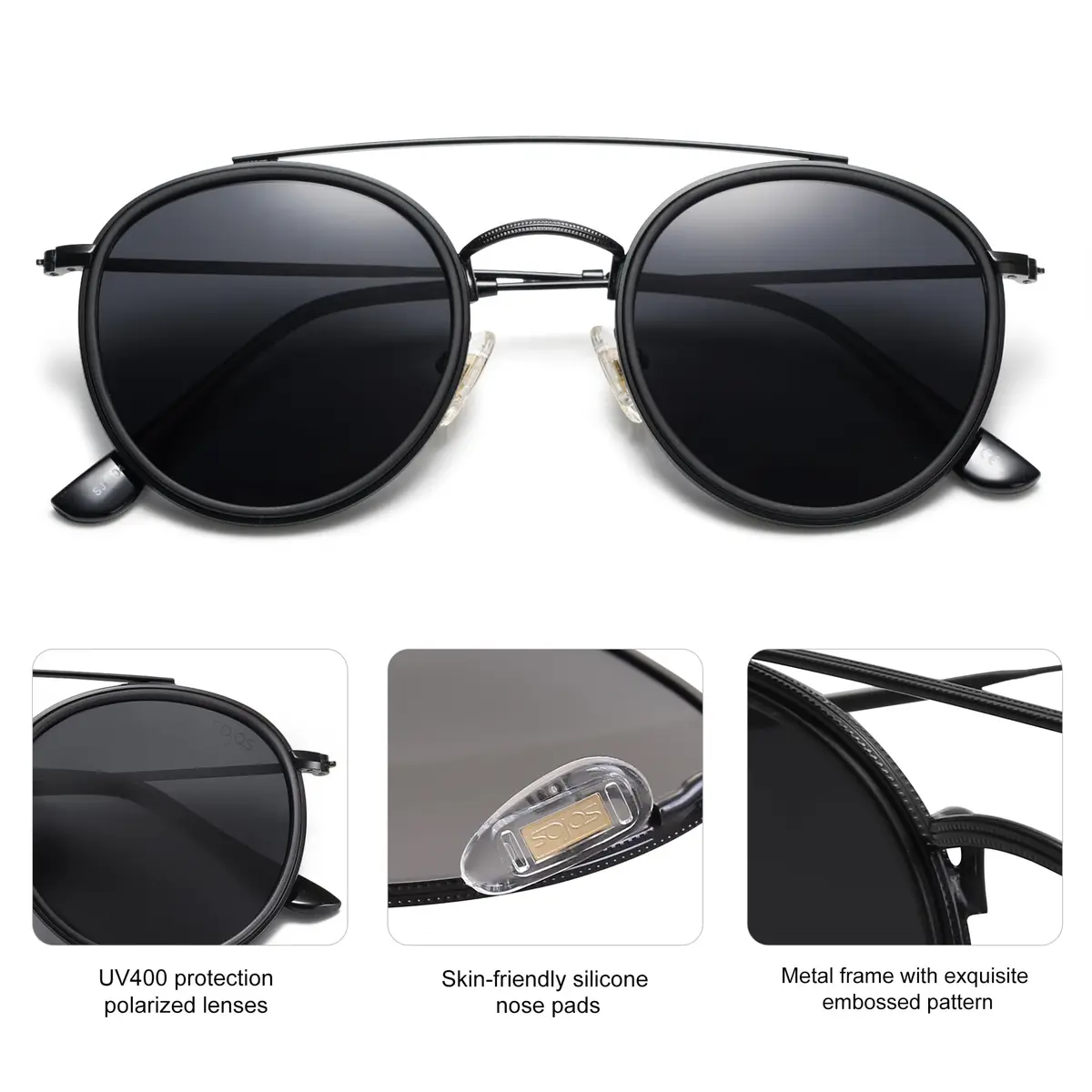 SOJOS Retro Vintage Round Polarized Sunglasses for Women Men Small Double Bridge Circle Sunnies SJ1104, Dark Black/Grey | UV400 Polarized - view 3
