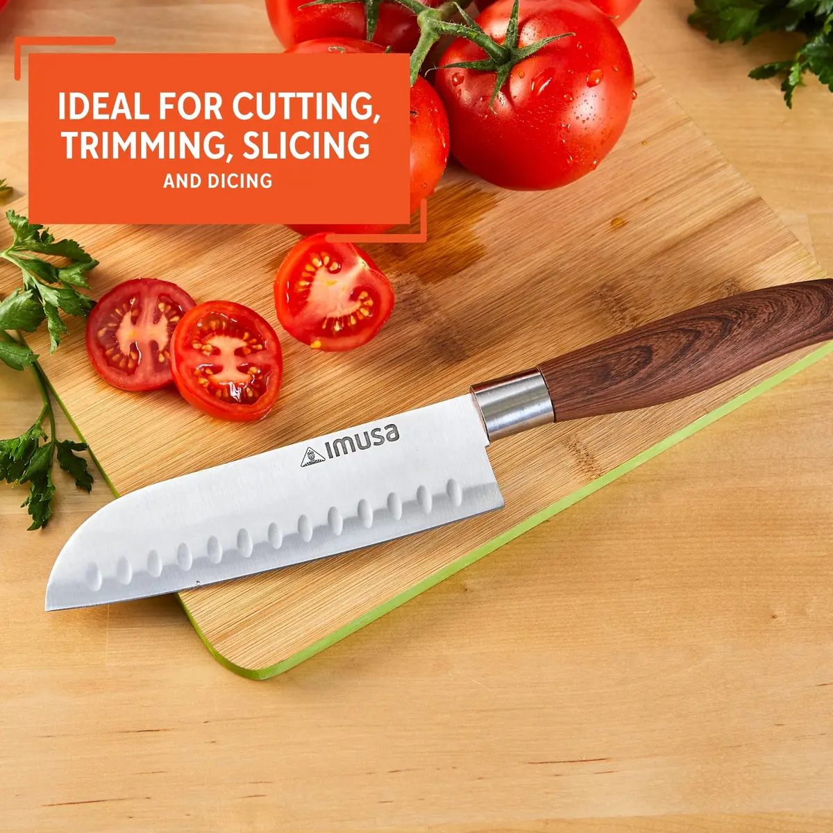 Imusa 6 Inch Stainless Steel Santoku Knife with Woodlook Handle | Rust-Proof Blade for Precision Slicing - view 6