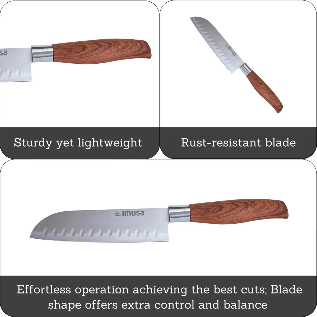 Imusa 6 Inch Stainless Steel Santoku Knife with Woodlook Handle | Rust-Proof Blade for Precision Slicing - view 2